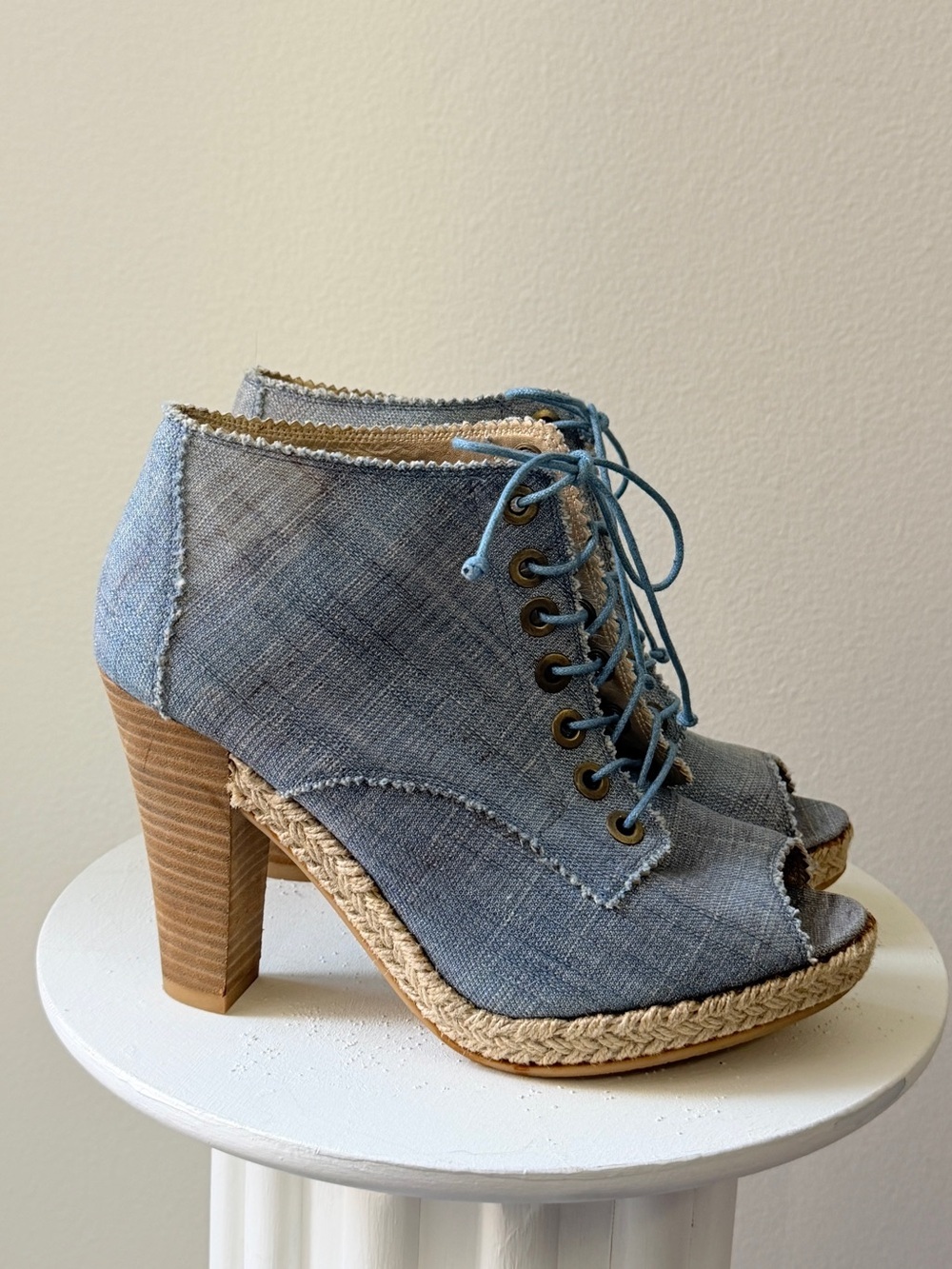 Stuart Weitzman Light Blue Lace-Up Peep Toe Espadrille Wedges - Women's